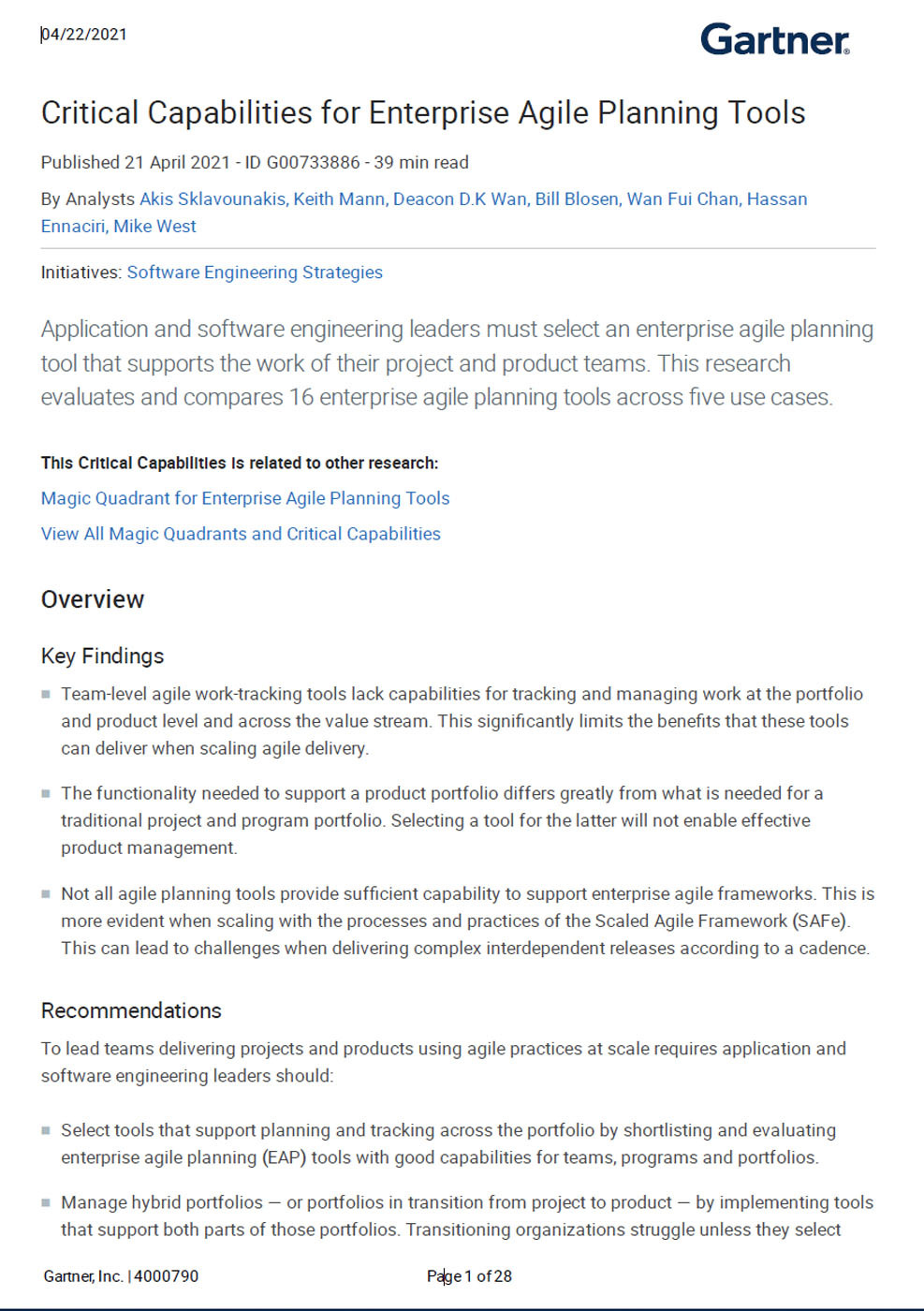 Gartner 2021 Critical Capabilities for Enterprise Agile Planning Tools Report