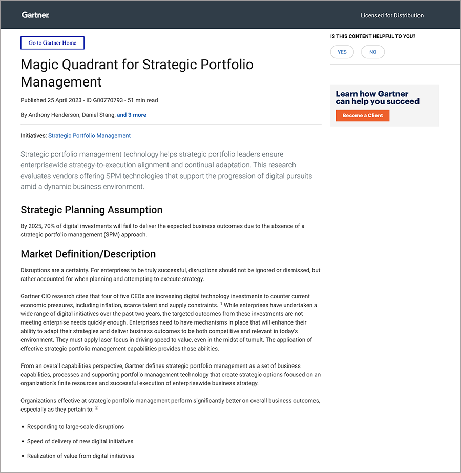 April 2023 Gartner® Magic Quadrant™ for Strategic Portfolio Management