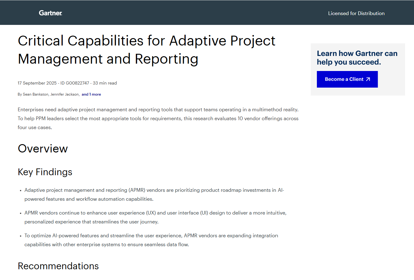 2025 Gartner® Critical Capabilities for Adaptive Project Management and Reporting 