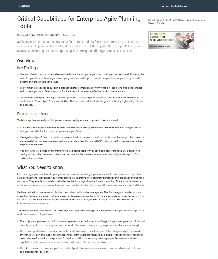 Gartner 2020 Critical Capabilities for Enterprise Agile Planning Tools Report