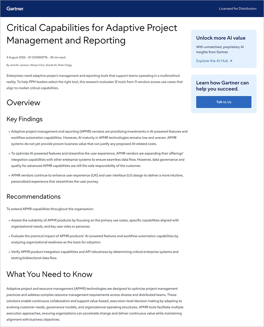 2026 Gartner® Critical Capabilities for Adaptive Project Management and Reporting